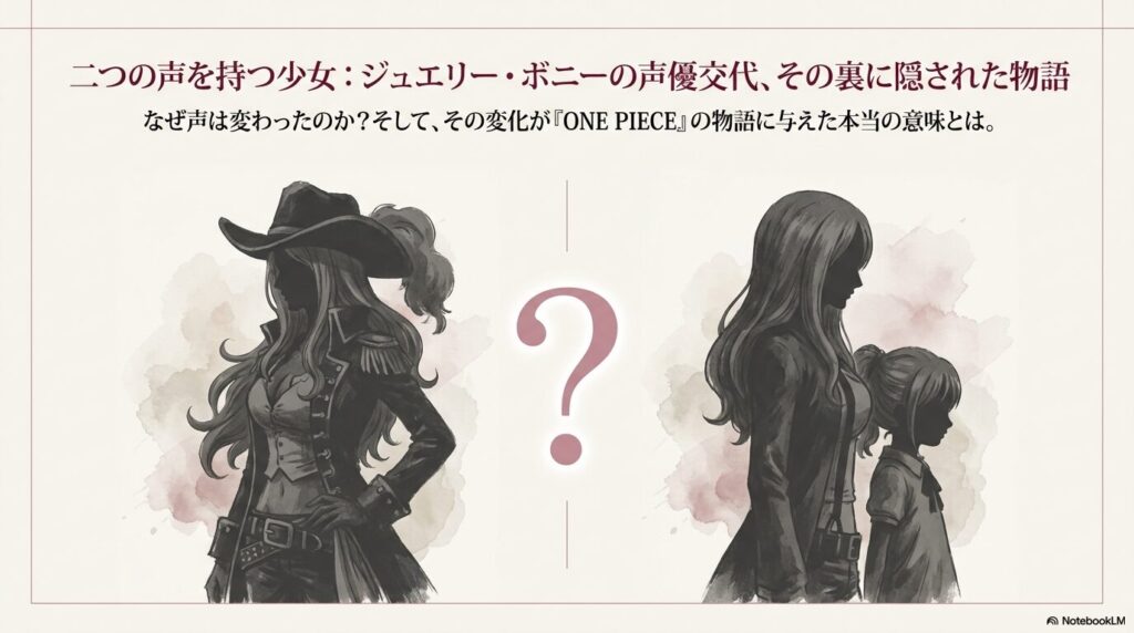 「二つの声を持つ少女：ジュエリー・ボニーの声優交代、その裏に隠された物語」というタイトルが表示されたスライド