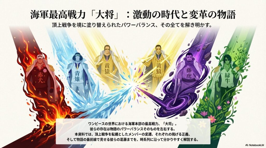 3大将のシルエットが描かれた表紙スライド。「海軍最高戦力『大将』 激動の時代と変革の物語」というタイトルが表示されている 。