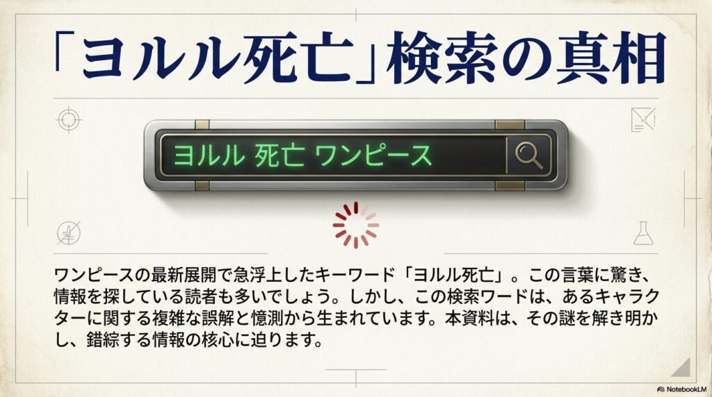 「ヨルル死亡」検索の真相というタイトルが書かれた資料の表紙画像。ワンピースの考察記事であることを示している。