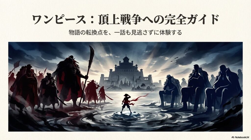 海軍本部を背景に、白ひげ海賊団と海軍三大将が対峙し、その中心に立つルフィを描いたメインビジュアル 。