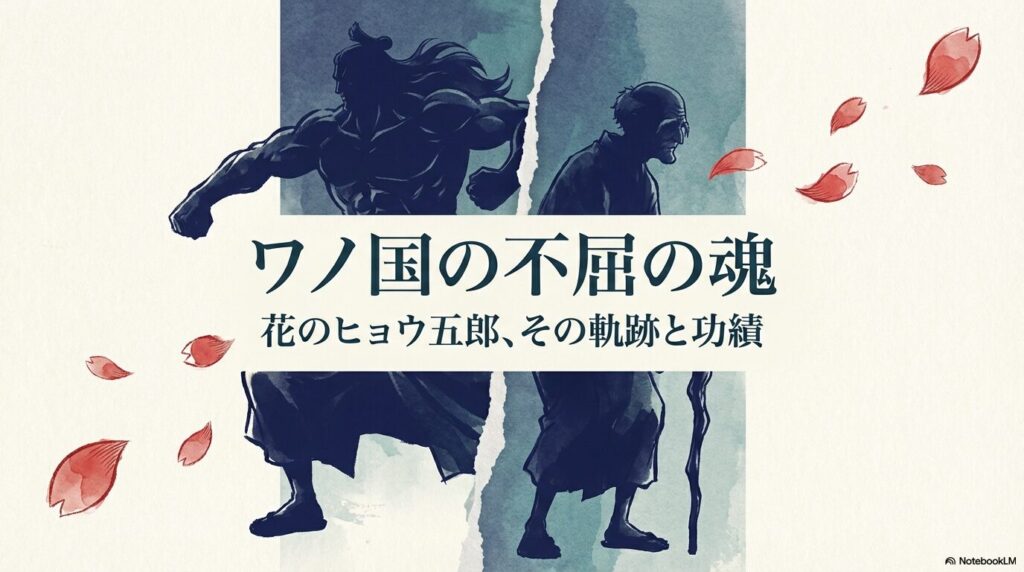 ワノ国の不屈の魂、花のヒョウ五郎の軌跡と功績を紹介するタイトルスライド 。