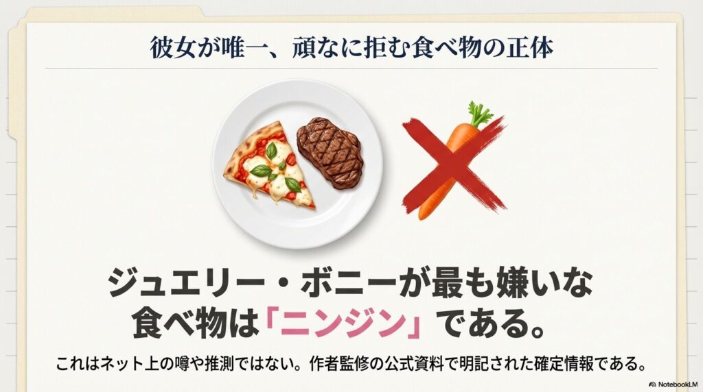 「彼女が唯一、頑なに拒む食べ物の正体」という文字と共に、大きく×印がつけられたニンジンのイラスト。