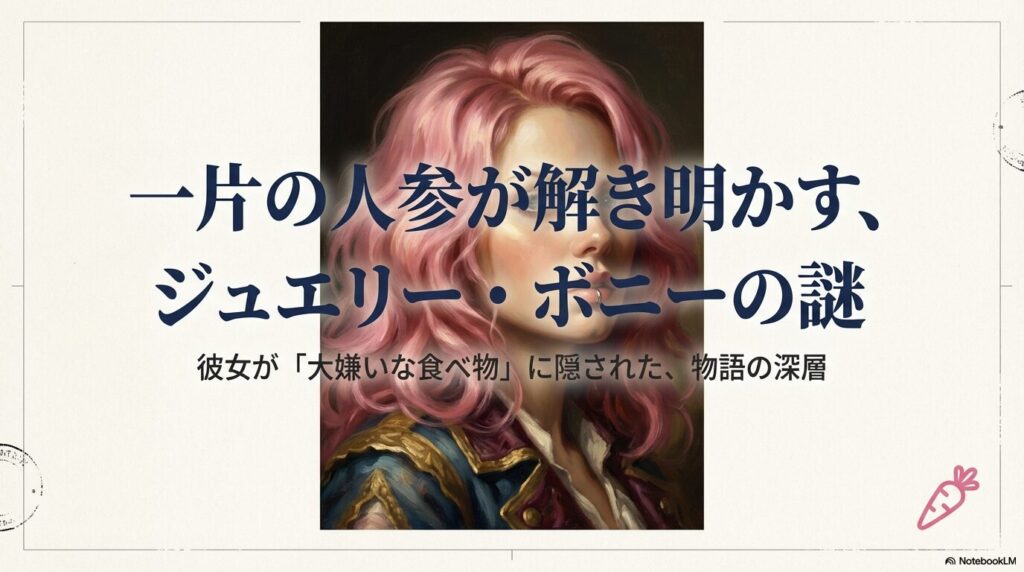 「一片の人参が解き明かす、ジュエリー・ボニーの謎」というタイトル文字と、背景にボニーのシルエットが描かれたスライド。