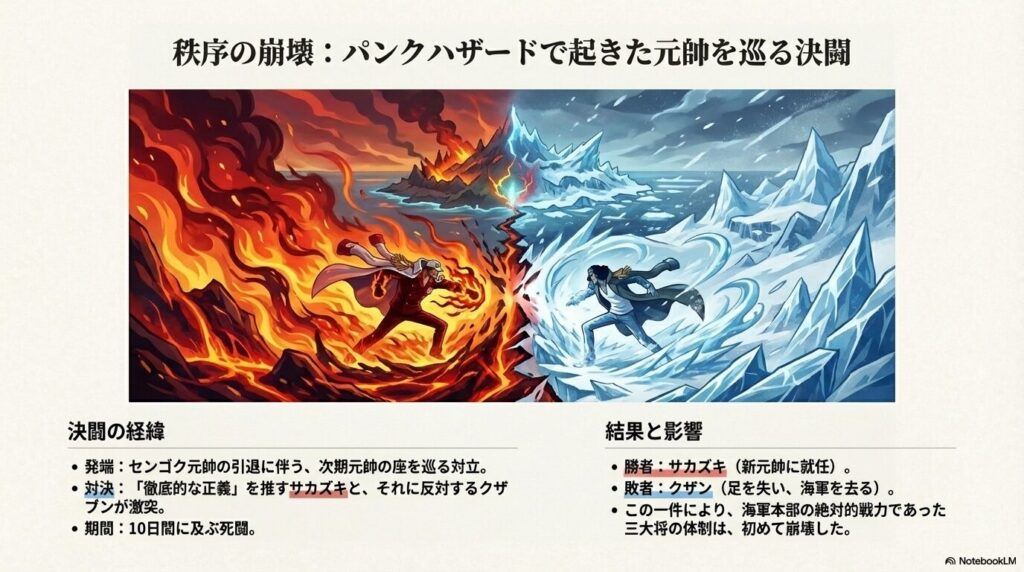 炎をまとう赤犬と氷を操る青キジが激突している迫力あるイラスト。「秩序の崩壊」という文字 。