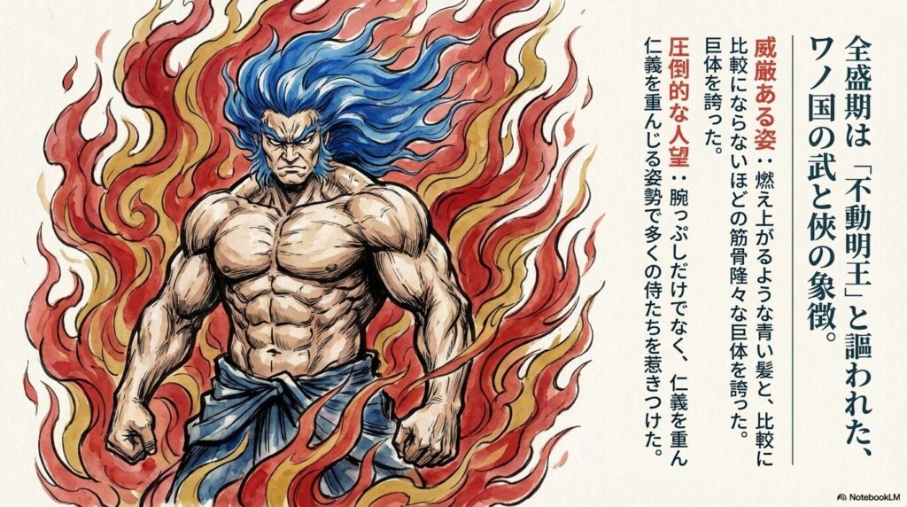 全盛期のヒョウ五郎。燃え上がるような青い髪と筋骨隆々な巨体を持ち、多くの侍を惹きつけた「不動明王」のような威厳ある姿 。