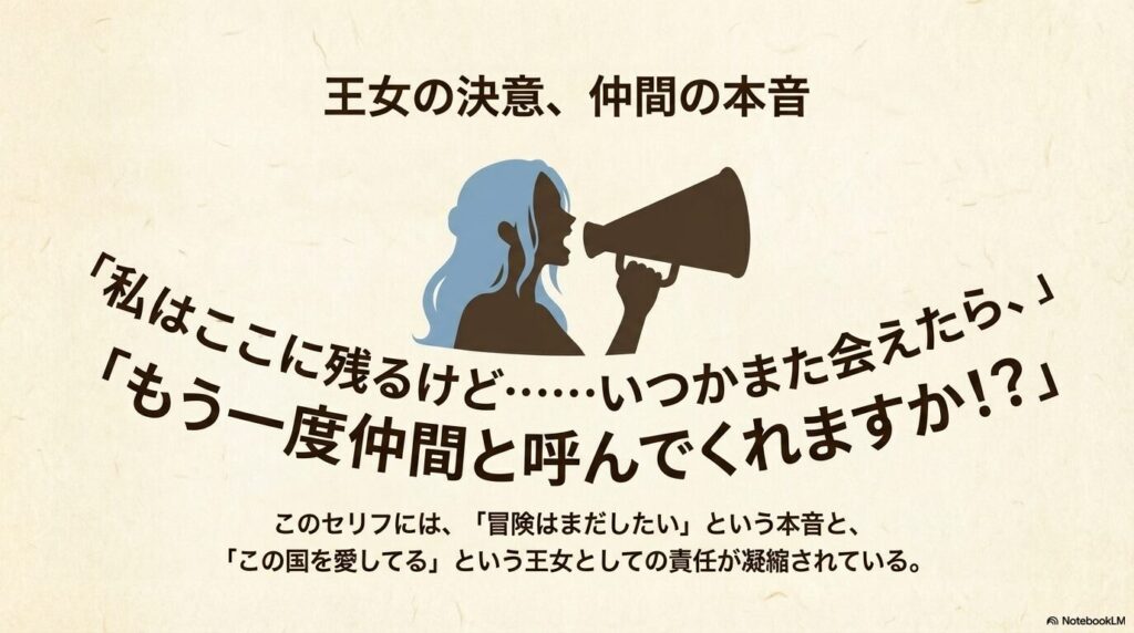 拡声器を持つビビのシルエットと共に、「いつかまた会えたら、もう一度仲間と呼んでくれますか!?」というセリフを掲載。「冒険はまだしたい」という本音と「国を愛する」王女としての責任を解説。