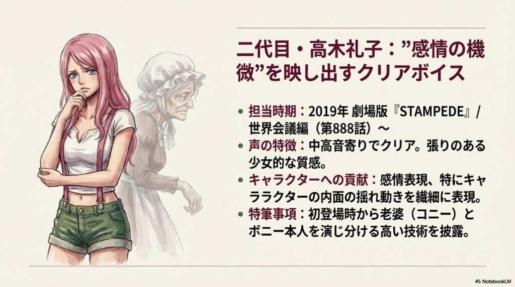 老婆コニーと少女ボニーの演じ分けや、高木礼子のクリアで少女的な声質の特徴について解説したスライド