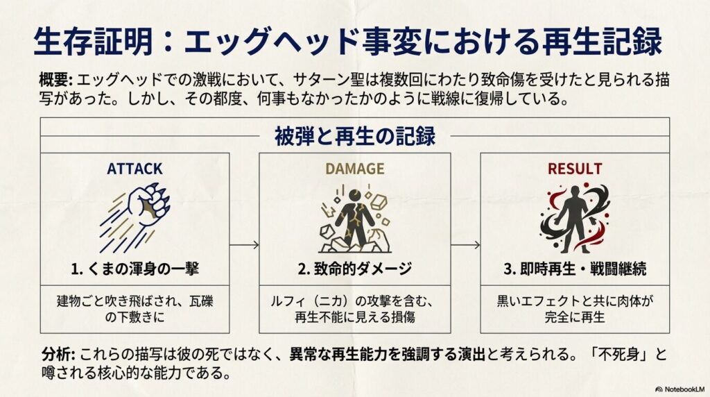 くまやルフィから受けた致命的なダメージと、そこから即座に再生した記録を時系列で示したデータ。