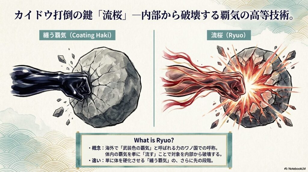 対象の内部から破壊する覇気の高等技術「流桜」の解説。単に硬化させる「纏う覇気」とは異なり、覇気を拳に「流す」概念を示している 。