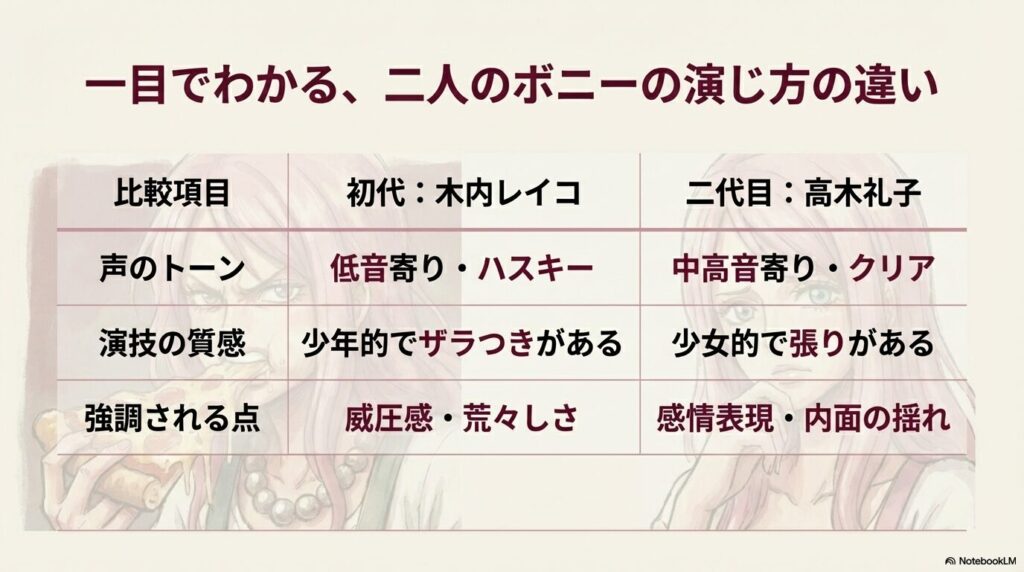 初代・木内レイコと二代目・高木礼子の声のトーン、演技の質感、強調される点を比較した一覧表のスライド