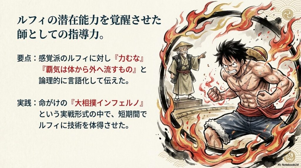 ルフィに対し「力むな」「体から外へ流すもの」と論理的に指導するヒョウ五郎。大相撲インフェルノでの実践訓練の様子