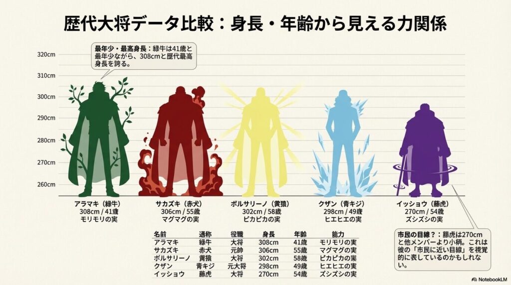 歴代大将の身長比較グラフ。緑牛が308cmで最も高く、藤虎が270cmと最も小柄であることが視覚的に示されている 。