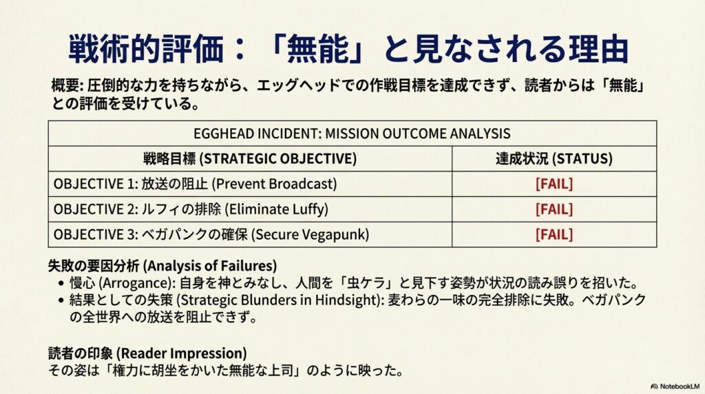 放送阻止失敗やルフィ排除失敗など、エッグヘッド事変における作戦目標の未達状況をまとめた分析表。
