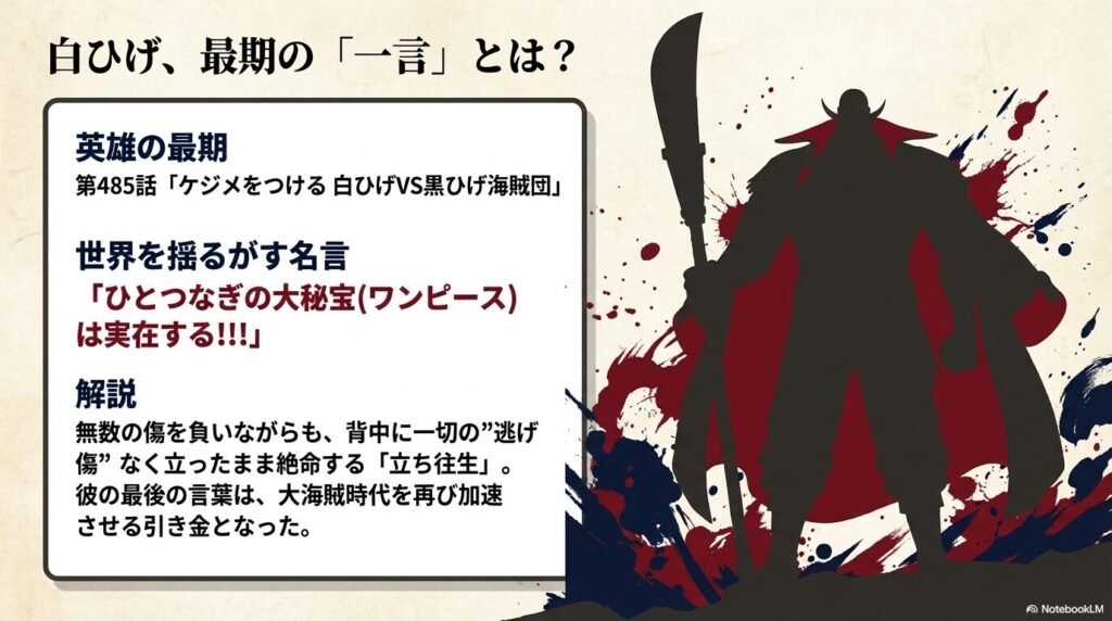 第485話、背中に一切の逃げ傷なく絶命した白ひげと、「ひとつなぎの大秘宝は実在する!!!」という名言の解説 。