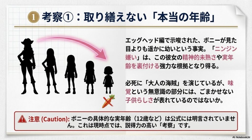 「取り繕えない本当の年齢」というテーマで、嫌いな食べ物が彼女の精神的な幼さや実年齢を示唆している可能性を解説したテキストスライド。
