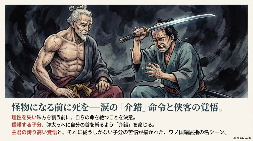 怪物になる前に死を望み、信頼する子分・弥太っぺに自分の首を斬るよう命じるヒョウ五郎と、泣きながら刀を構える弥太っぺ 。