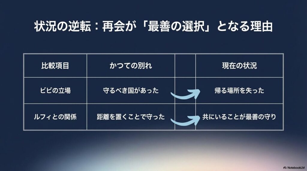 かつての別れと現在の状況を比較した表。かつては国を守るために距離を置いたが、現在は帰る場所を失い、ルフィと共にいることが最善の守りであるという状況の変化。