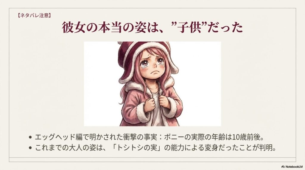 泣いている幼いボニーのイラストと、エッグヘッド編で明かされた「実年齢は10歳前後」という衝撃の事実を記したスライド