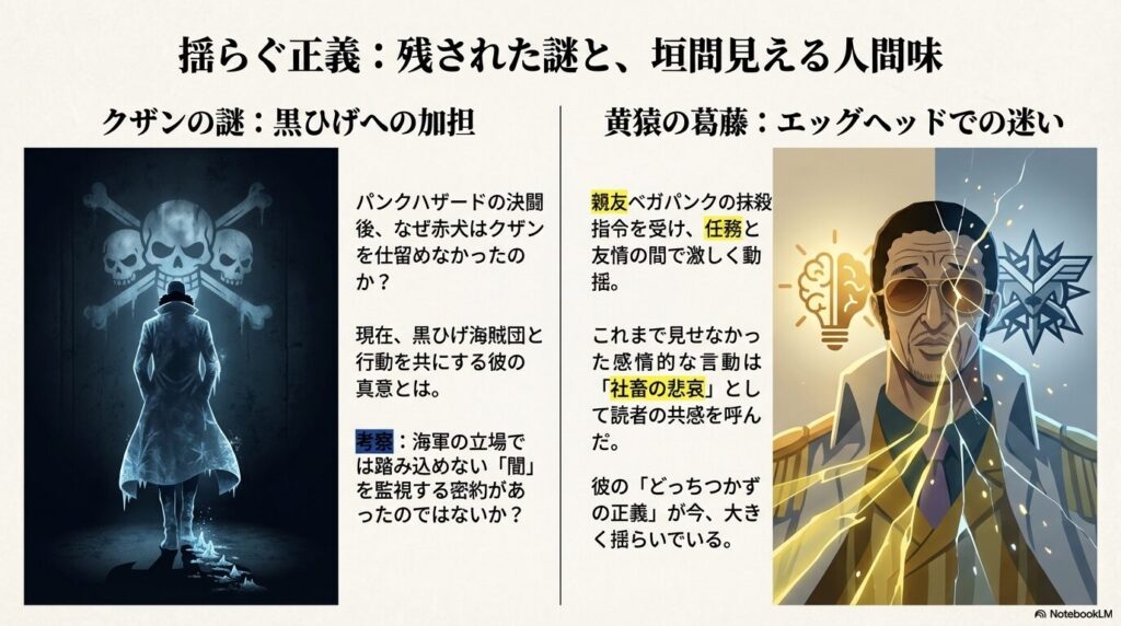 海賊のマークを背負う青キジの後ろ姿と、ヒビの入ったサングラスをかけた黄猿のイラスト。「揺らぐ正義」「残された謎」というテーマが描かれている 。