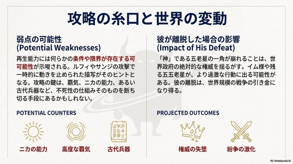 再生能力の弱点に関する考察と、五老星の一角が崩れた場合に想定される世界規模の紛争激化についての予測。
