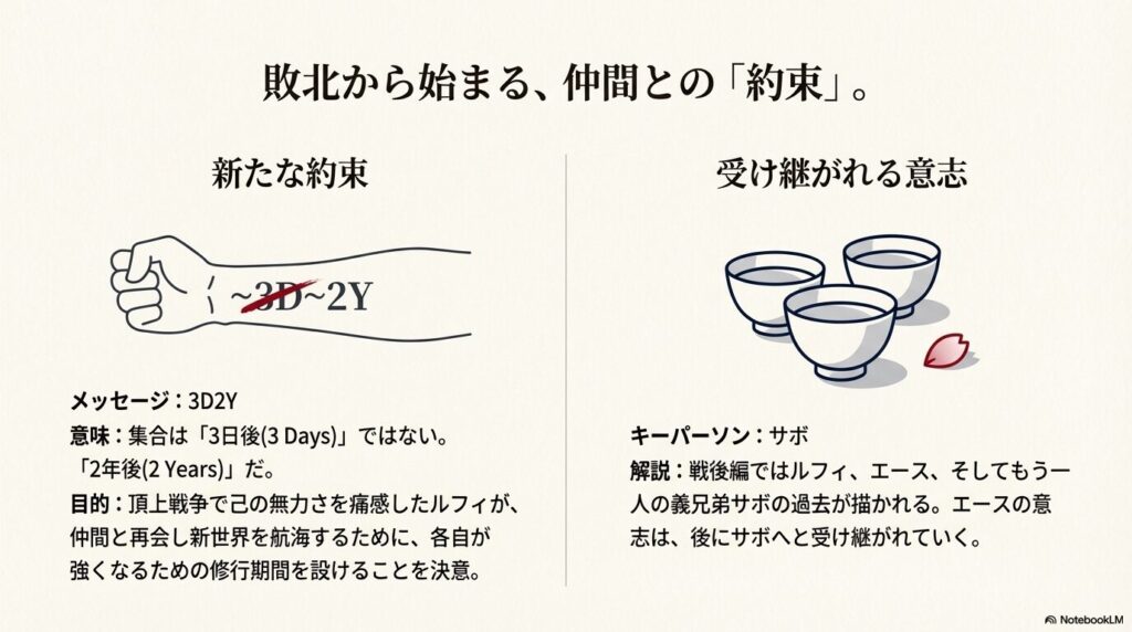 集合を3日後ではなく2年後に変更した「3D2Y」の真意と、エースの意志を継ぐサボ、ルフィたちの修行期間についての解説 。