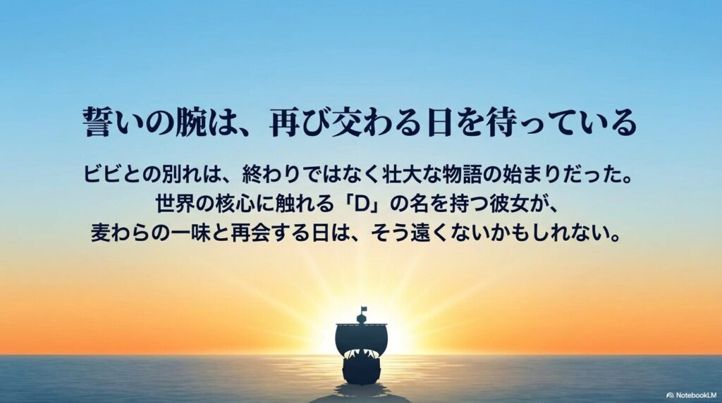 「D」の名を持つ彼女と麦わらの一味が再会する日は遠くないかもしれないという、未来への期待を込めた結びのスライド。