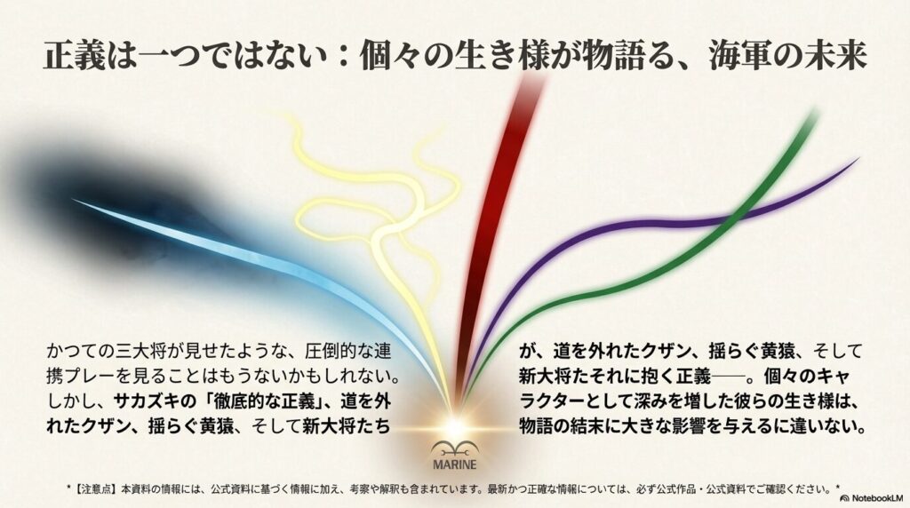 赤犬の険しい表情のアップ。「正義は一つではない」「海軍の未来」という結びのメッセージが記されている 。