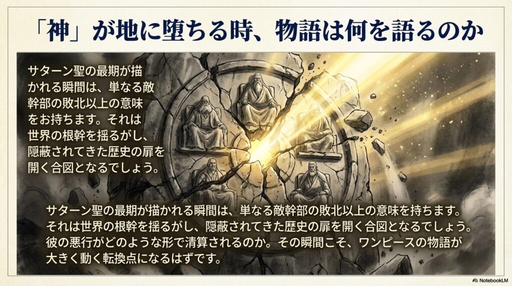 「神」が地に堕ちる時、物語は何を語るのかというメッセージと共に、歴史の転換点を示唆するイメージ画像。