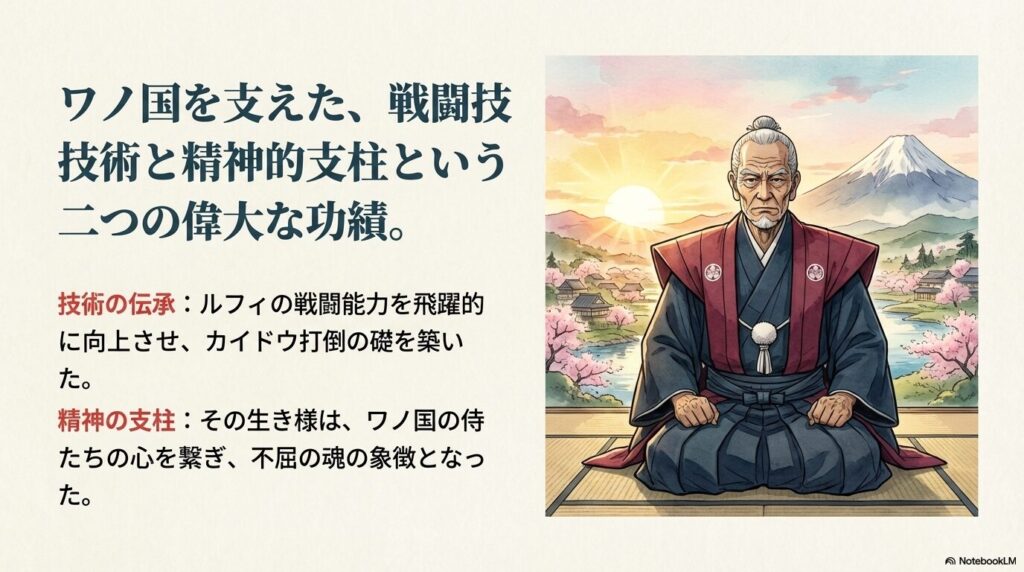 ルフィの戦闘能力を向上させた技術の伝承と、侍たちの心を繋いだ精神的支柱という、二つの偉大な功績のまとめ 。